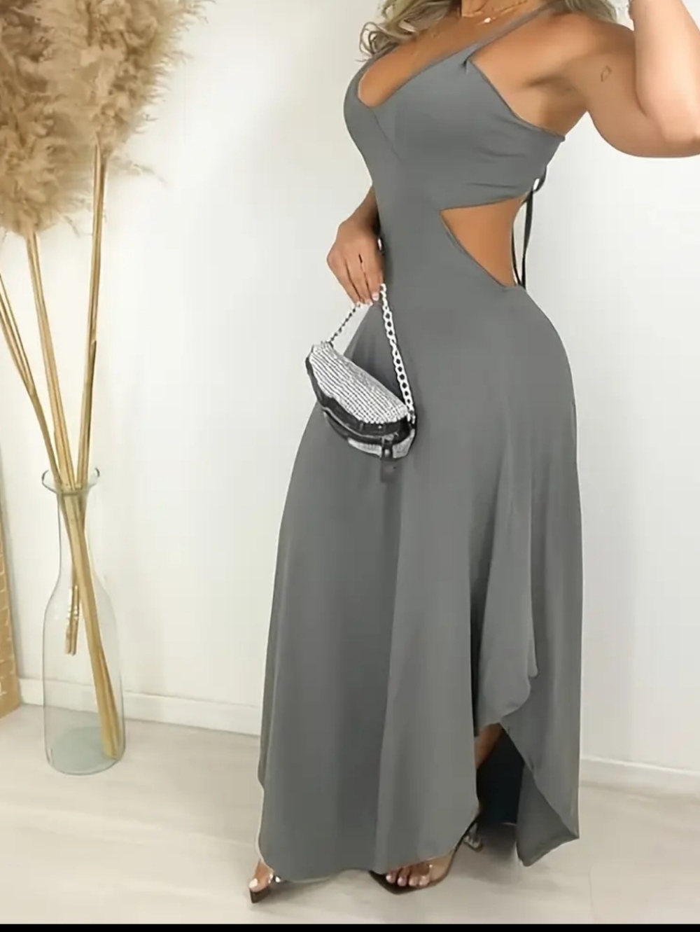 Women’s Gray Cutout Maxi Dress - Elegant Evening Style